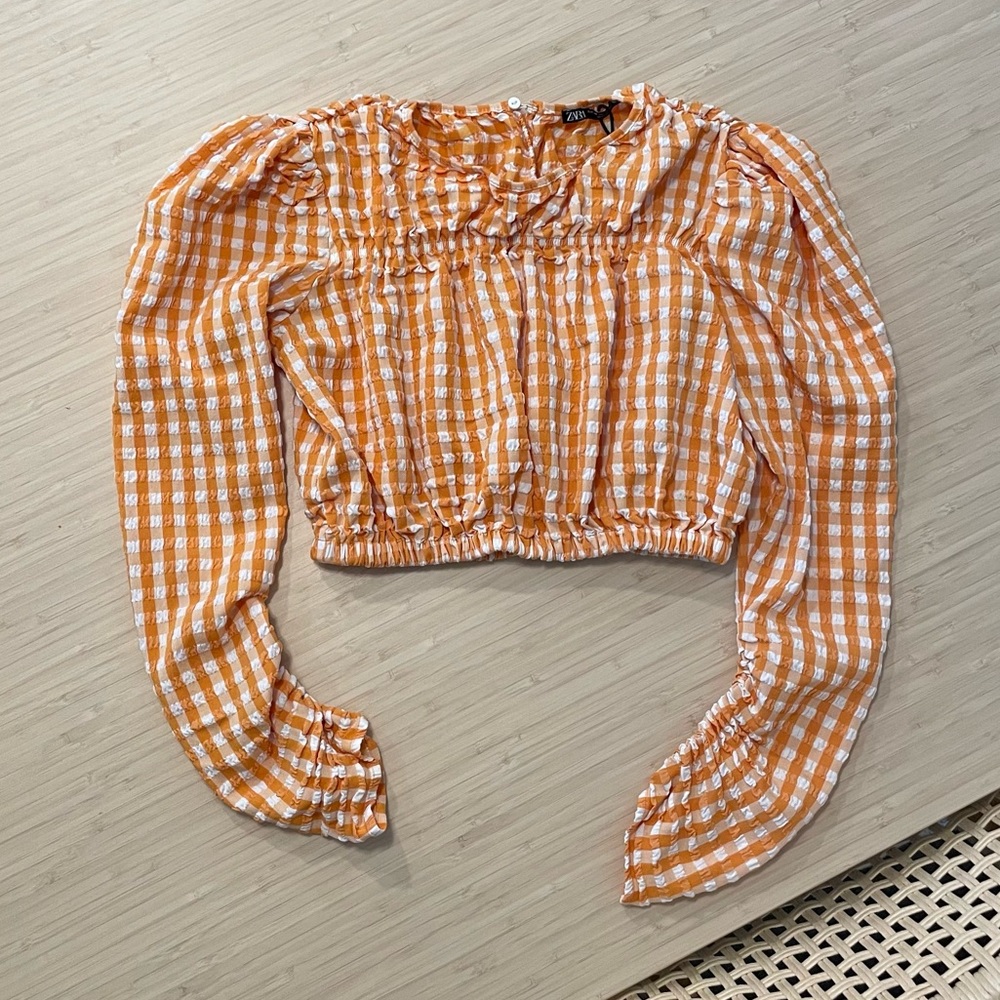 Zara long sleeve orange white gingham crop top xs